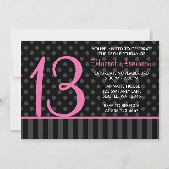 13th Birthday Pink and Black Polka Dot Stripes Invitation (Front)