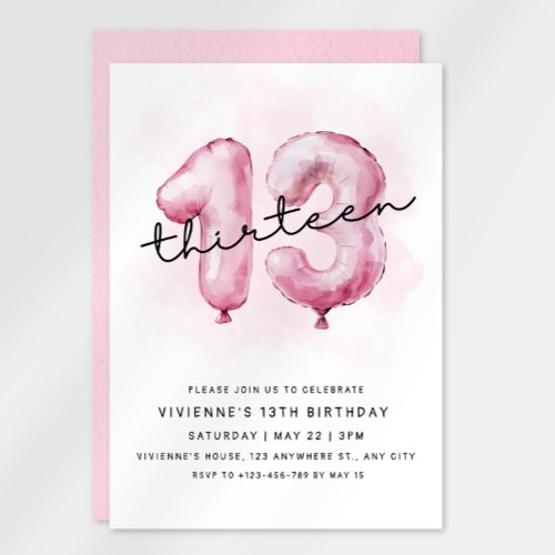 13th Birthday Pink Balloon Invitation