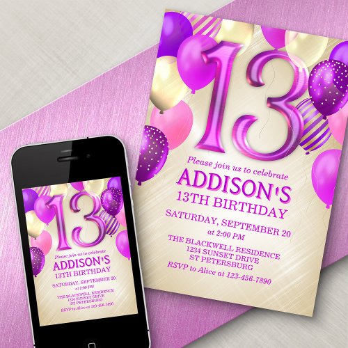 13th Birthday Pink Balloons Invitation