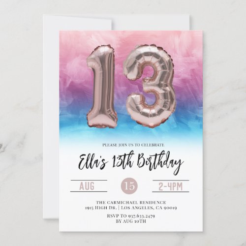 13th Birthday Pink Blue Gradient Invitation