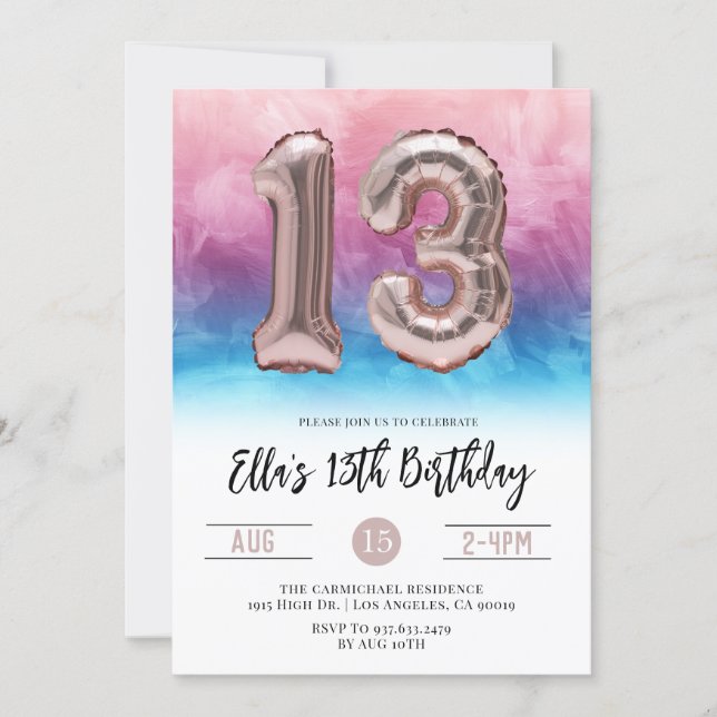 13th Birthday Pink Blue Gradient Invitation (Front)