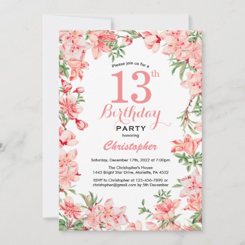 13th Birthday Pink Boho Botanical Floral Flowers Invitation