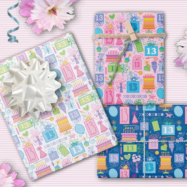 13th Birthday Pink Cake Presents Balloons  Wrapping Paper Sheets (Creator Uploaded)