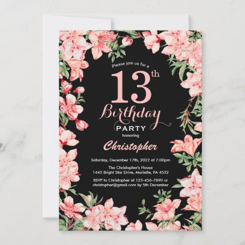 13th Birthday Pink Floral Flowers Black Background Invitation
