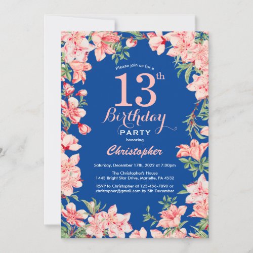 13th Birthday Pink Floral Flowers Blue Invitation