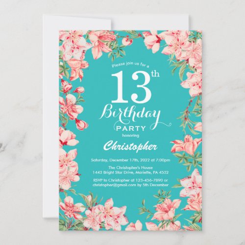 13th Birthday Pink Floral Flowers Teal Background Invitation