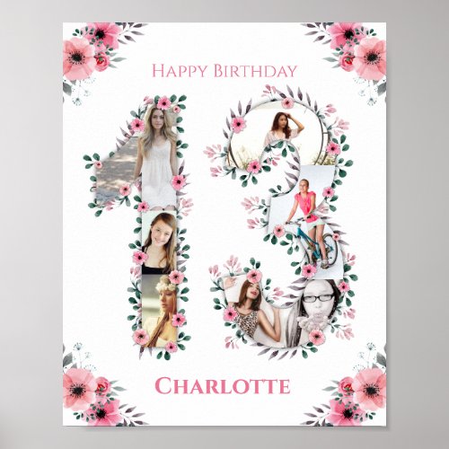 13th Birthday Pink Flower Girl Photo Collage White Poster