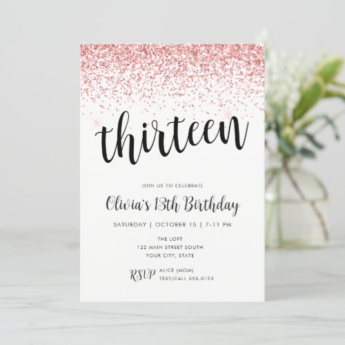 13th Birthday Pink Glitter Confetti Invitation