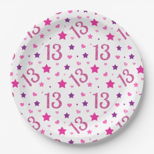 13th Birthday Pink Glitter Paper Plates