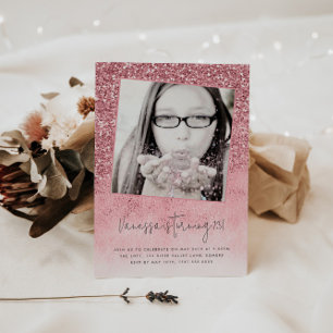 13th Birthday Pink Glitter Teen Photo Invitation