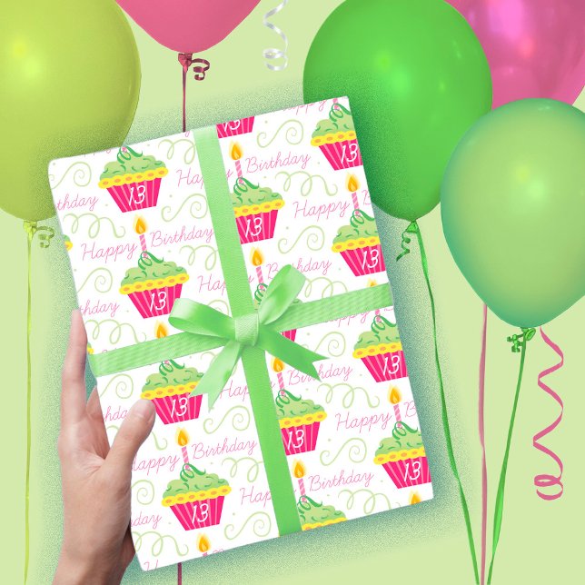 13th Birthday Pink Green Cupcakes Wrapping Paper Sheets (Creator Uploaded)