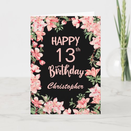 13th Birthday Pink Peach Watercolor Floral Black Card