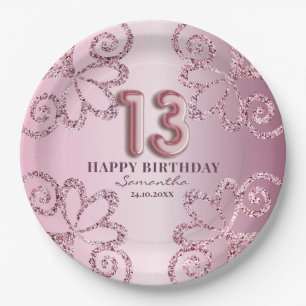 13th Birthday Pink Princess Glitter Balloon Script Paper Plates
