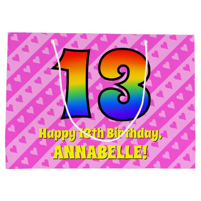 13th Birthday: Pink Stripes & Hearts, Rainbow # 13 Large Gift Bag (Back)
