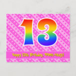 [ Thumbnail: 13th Birthday: Pink Stripes & Hearts, Rainbow 13 Postcard ]