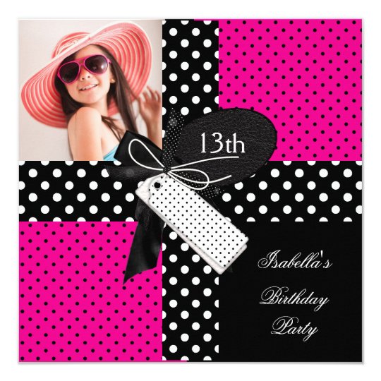 13th Birthday Polka Dot Hot Pink Black White Card