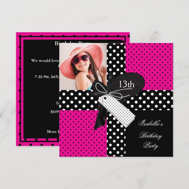 13th Birthday Polka Dot Hot Pink Black White Invitation (Front/Back)