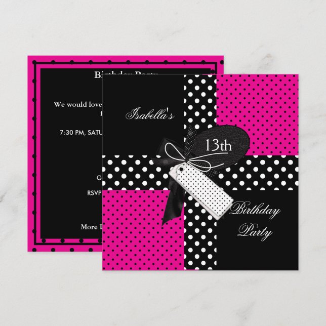 13th Birthday Polka Dot Hot Pink Black White Invitation (Front/Back)