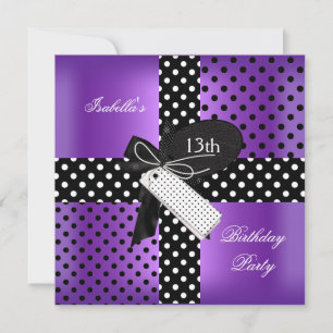 13th Birthday Polka Dot Purple Black White 2 Invitation