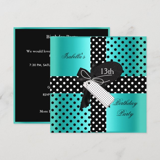 13th Birthday Polka Dot Teal Blue Black White Invitation (Front/Back)