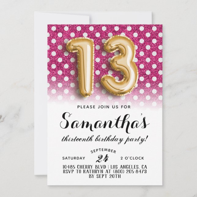 13th Birthday Polkadot Glitter Invitation (Front)