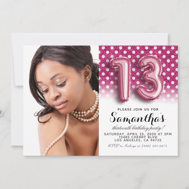 13th Birthday Polkadot Glitter Portrait Invitation (Front)