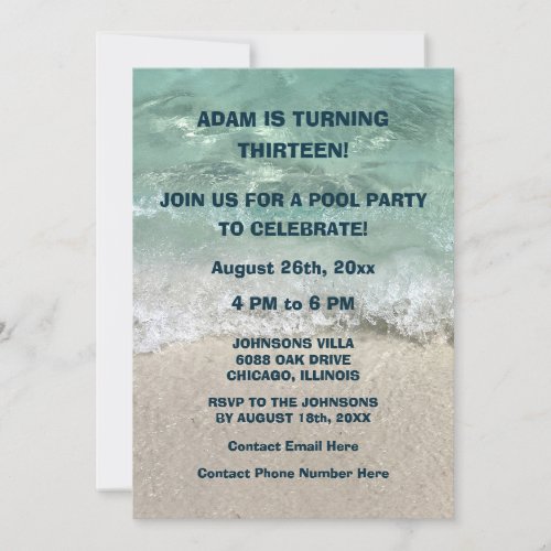 13th Birthday Pool Beach Water Swim Party Custom Invitation