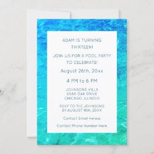 13th Birthday Pool Party Water Blue Green Custom Invitation