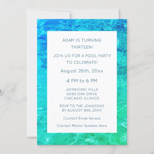 13th Birthday Pool Party Water Blue Green Custom Invitation