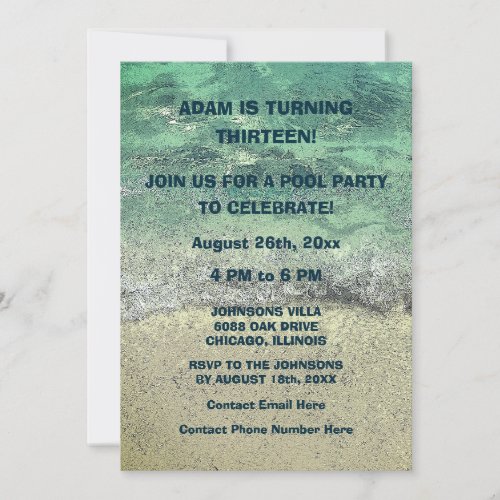 13th Birthday Pool Sandy Beach Water Abstract Cool Invitation