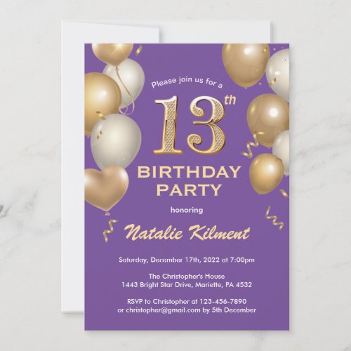 13th Birthday Purple and Gold Glitter Balloons Invitation