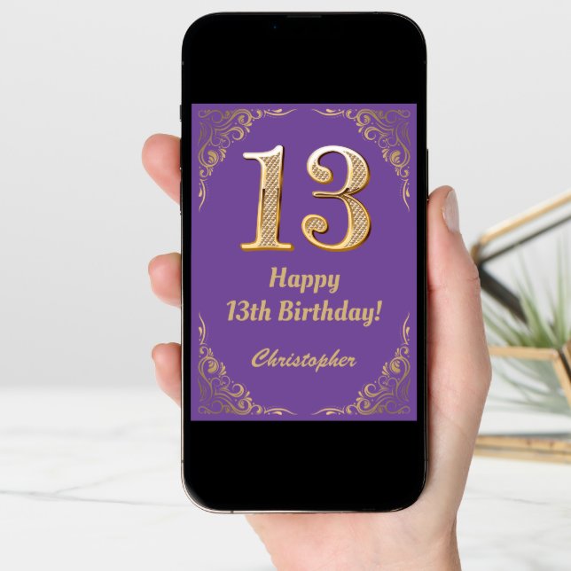 13th Birthday Purple and Gold Glitter Frame Card (Front Digital)