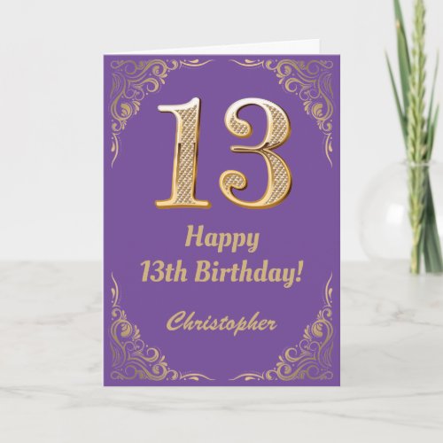 13th Birthday Purple and Gold Glitter Frame Card