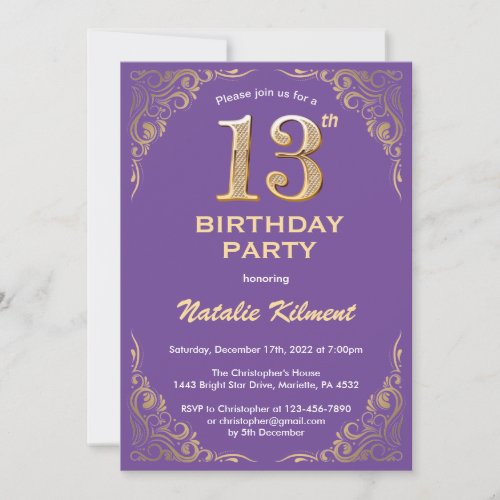 13th Birthday Purple and Gold Glitter Frame Invitation