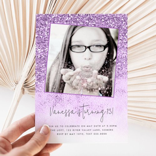 13th Birthday Purple Glitter Photo Invitation