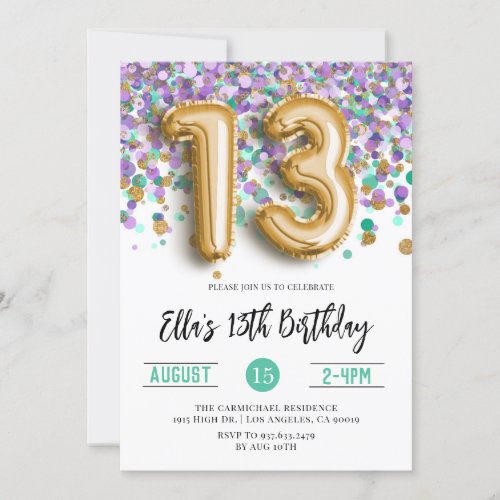 13th Birthday Purple Teal Confetti Invitation