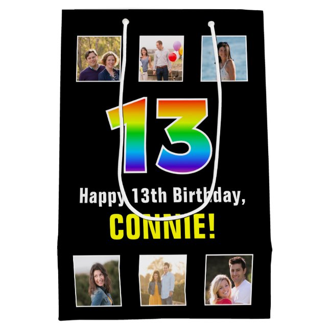 13th Birthday: Rainbow “13“, Custom Photos & Name Medium Gift Bag (Back)