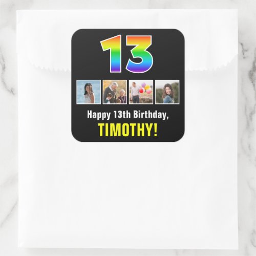 13th Birthday Rainbow 13 Custom Photos  Name Square Sticker