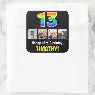 13th Birthday: Rainbow “13”; Custom Photos & Name Square Sticker