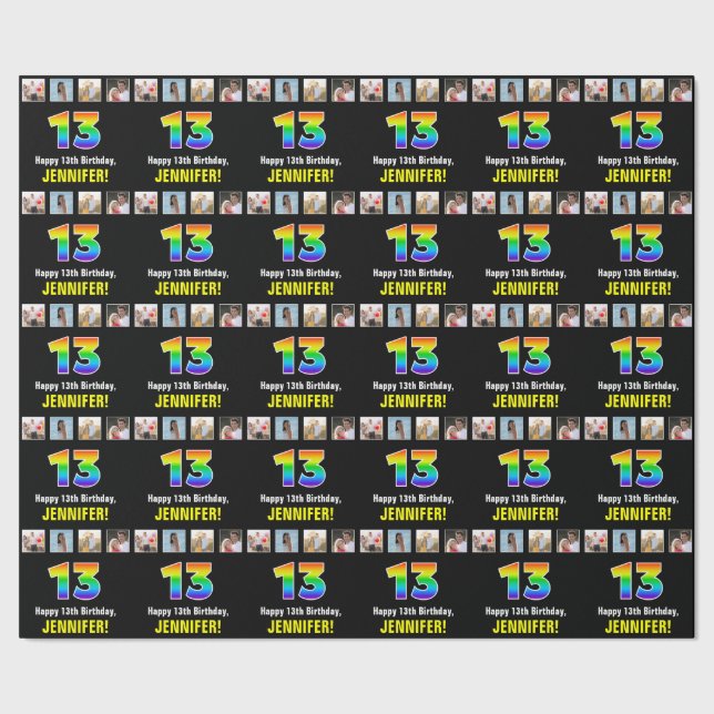 13th Birthday: Rainbow “13“; Custom Photos & Name Wrapping Paper (Seam)