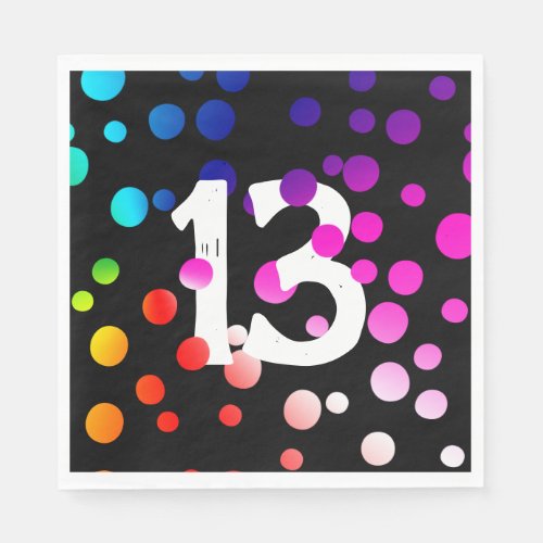 13th Birthday Rainbow Dots on Black Napkins