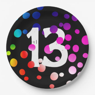 13th Birthday Rainbow Dots on Black Paper Plates