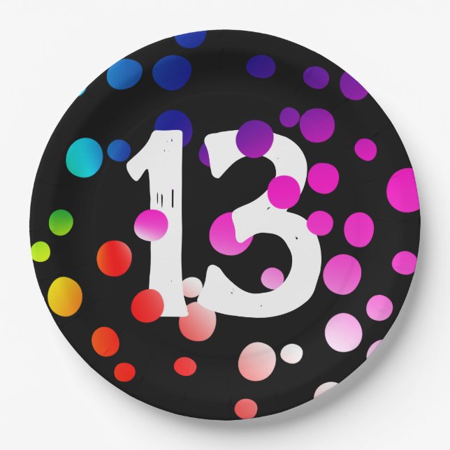 13th Birthday Rainbow Dots on Black Paper Plates (Front)