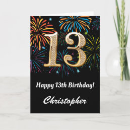 13th Birthday Rainbow Fireworks Black and Gold Card