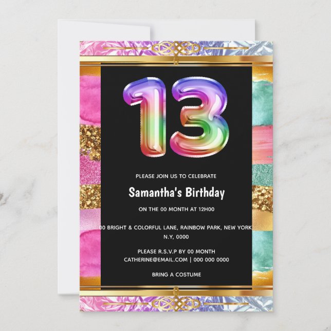 13th birthday rainbow glitter colorful party invitation (Front)