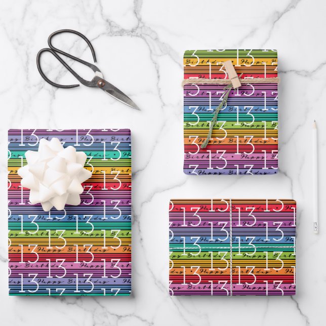 13th Birthday Rainbow Stripe Typography Wrapping Paper Sheets (Front)