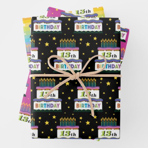 13th Birthday Rainbow Stripes Cake Wrapping Paper 