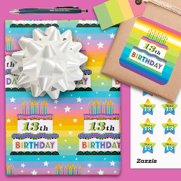 13th Birthday Rainbow Stripes Cake Wrapping Paper Sheets