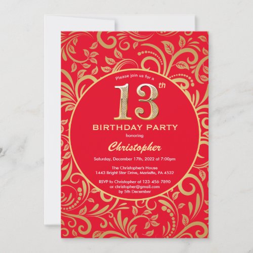 13th Birthday Red and Gold Floral Pattern Invitation