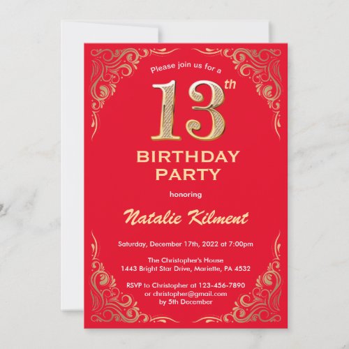 13th Birthday Red and Gold Glitter Frame Invitation